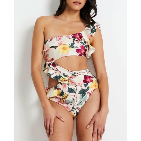 PatBO Hibiscus Cut Out One Piece Swimsuit Vanilla Floral - Picture 1 of 5